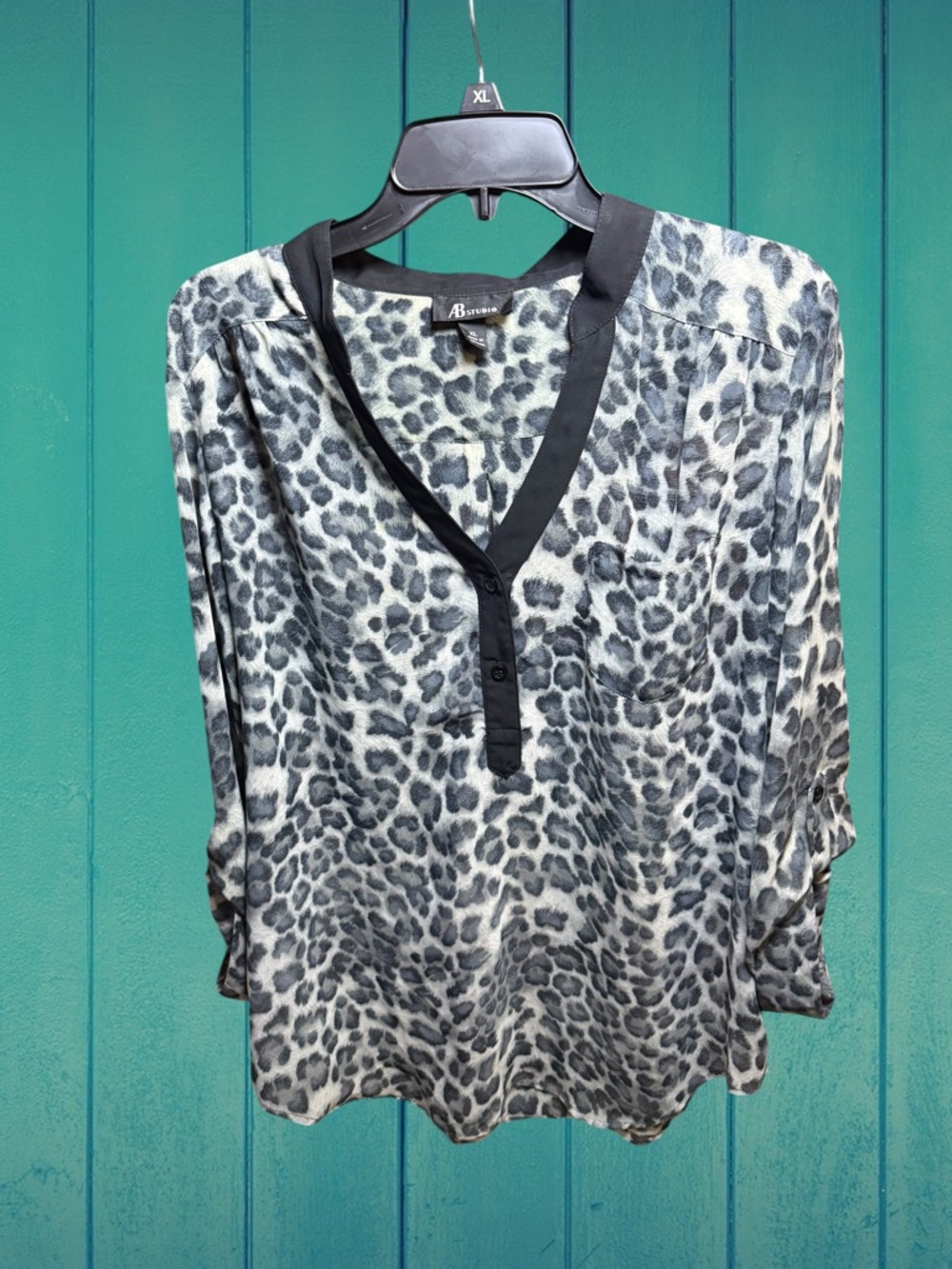 AB Studio Black and Gray Leopard Print V-Neck Button Blouse